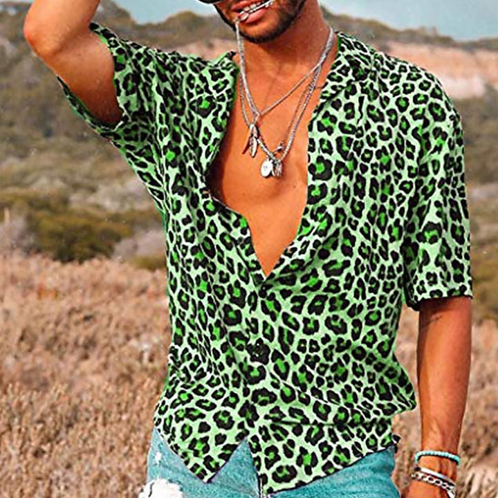 Leopard print summer shirt with lightweight, breathable fabric, designed for bold style and ideal for casual or social summer occasions.