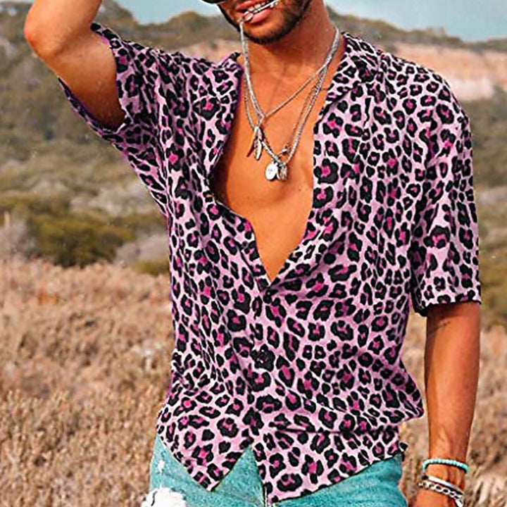 Leopard print summer shirt with lightweight, breathable fabric, designed for bold style and ideal for casual or social summer occasions.