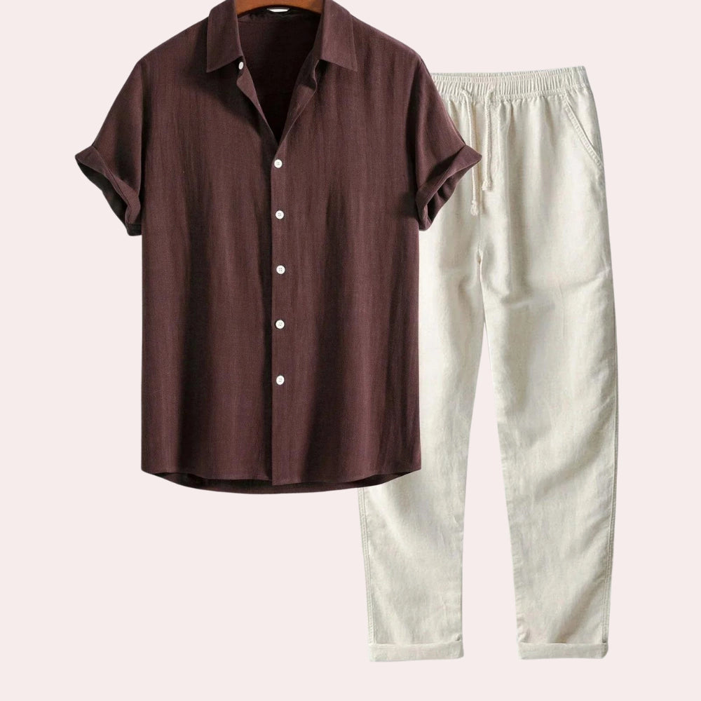 Luxe comfy shirt and pants set, featuring breathable fabric and elegant design, ideal for summer days and versatile occasions.






