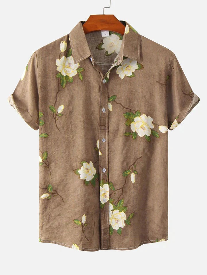 Men's casual floral button-up shirt with lightweight and breathable fabric, ideal for relaxed summer days.