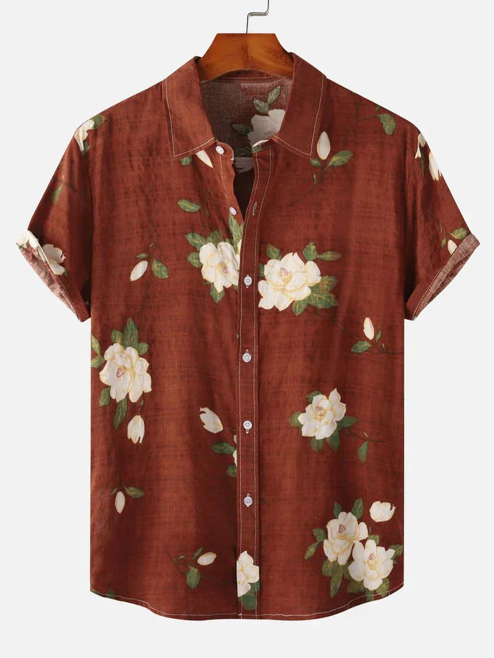 Men's casual floral button-up shirt with lightweight and breathable fabric, ideal for relaxed summer days.