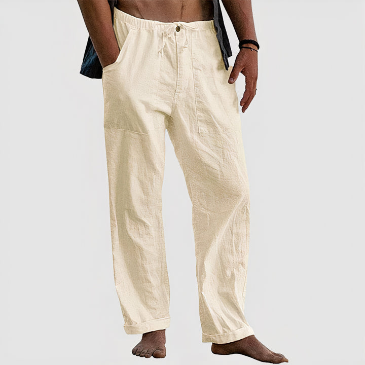 Men's casual linen pants offering breathable comfort and relaxed fit for warm summer days.