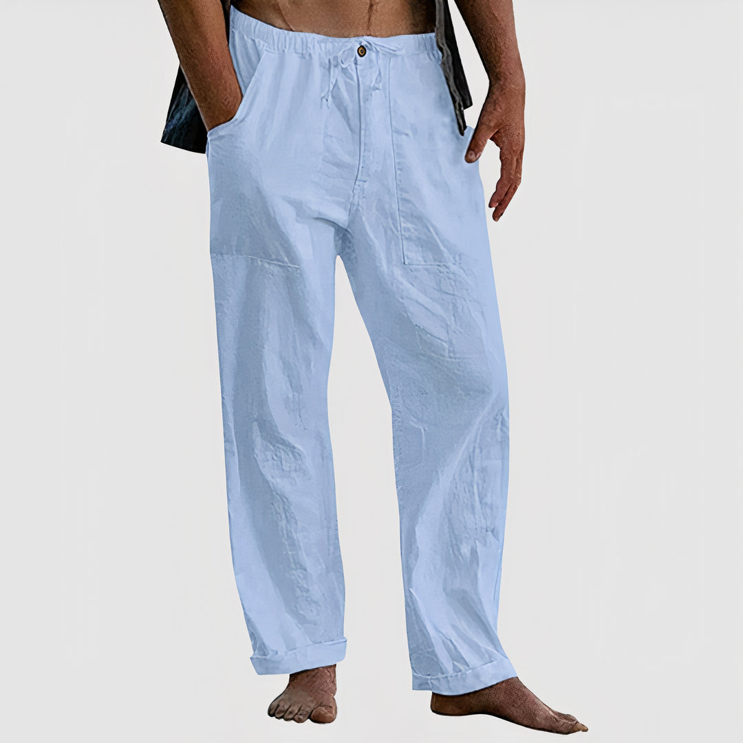 Men's casual linen pants offering breathable comfort and relaxed fit for warm summer days.