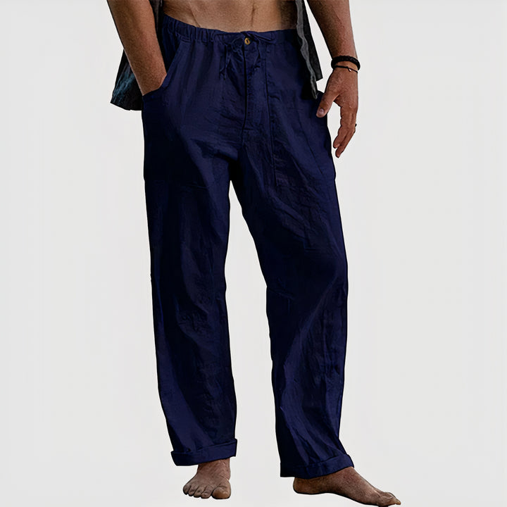 Men's casual linen pants offering breathable comfort and relaxed fit for warm summer days.