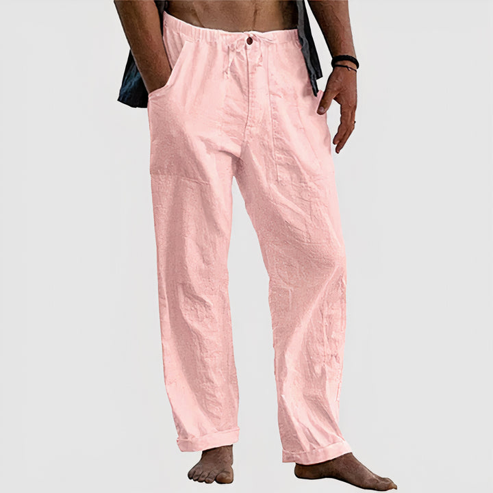 Men's casual linen pants offering breathable comfort and relaxed fit for warm summer days.