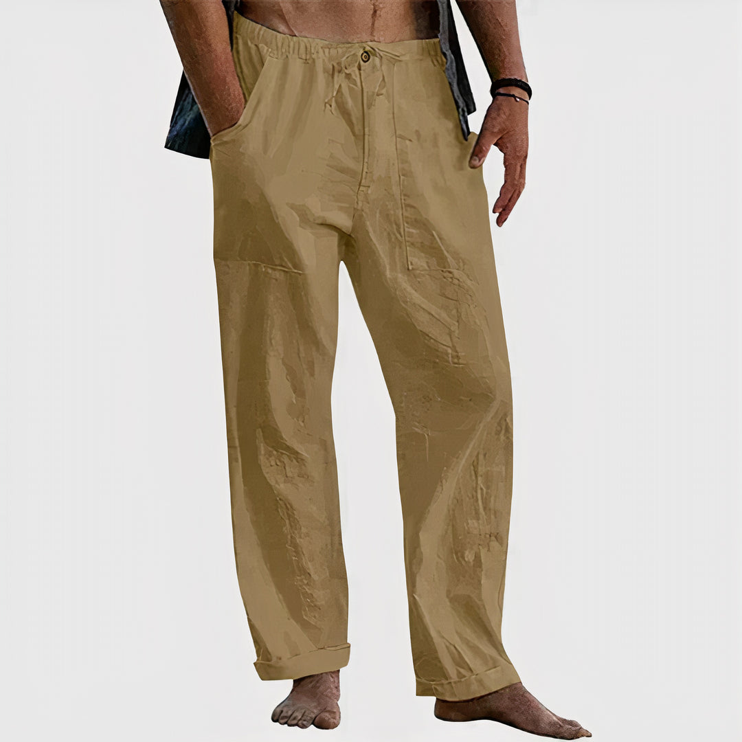 Men's casual linen pants offering breathable comfort and relaxed fit for warm summer days.