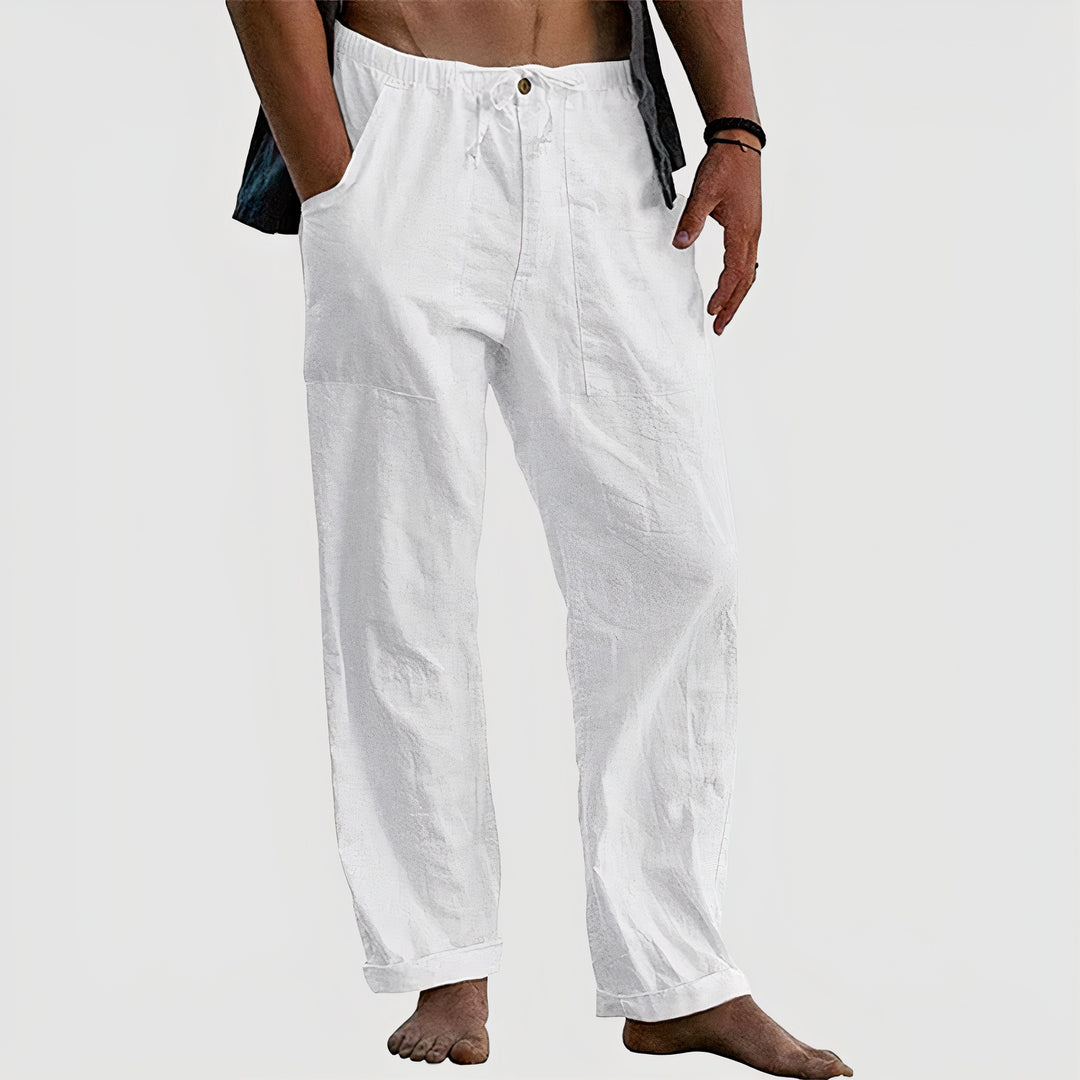 Men's casual linen pants offering breathable comfort and relaxed fit for warm summer days.