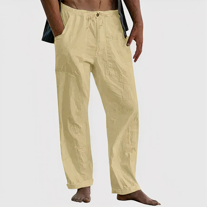 Men's casual linen pants offering breathable comfort and relaxed fit for warm summer days.