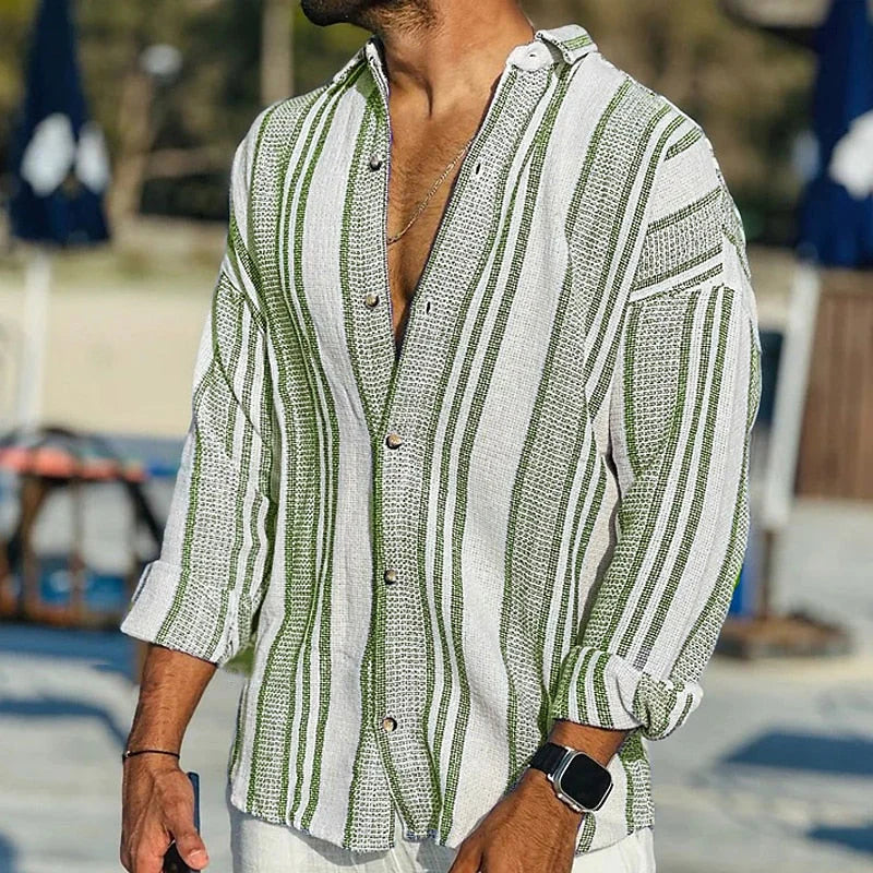 Casual long sleeve beach shirt for men, offering comfort and style for summer days.






