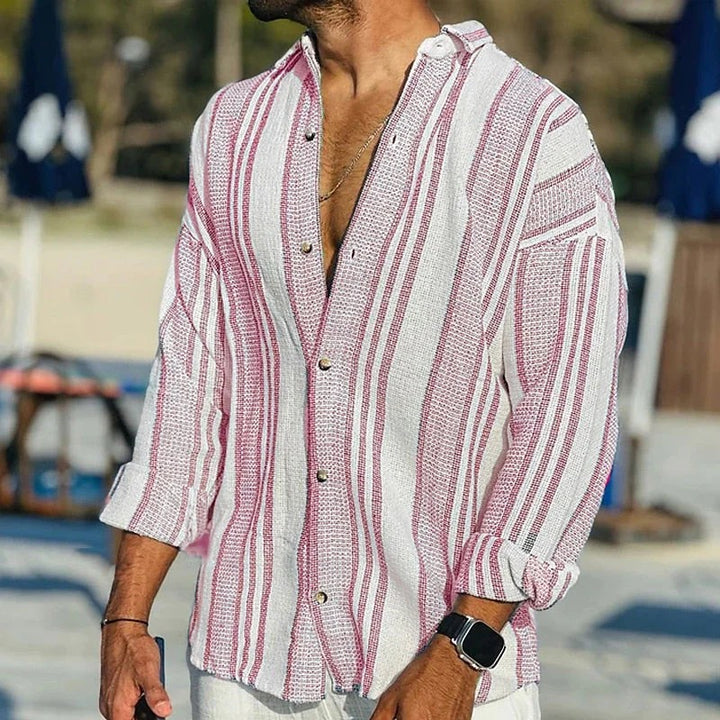 Casual long sleeve beach shirt for men, offering comfort and style for summer days.






