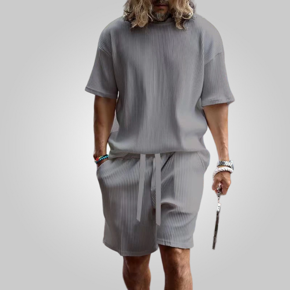 Men's casual ribbed shirt and shorts set with lightweight breathable fabric, versatile style, and relaxed fit, perfect for summer days.






