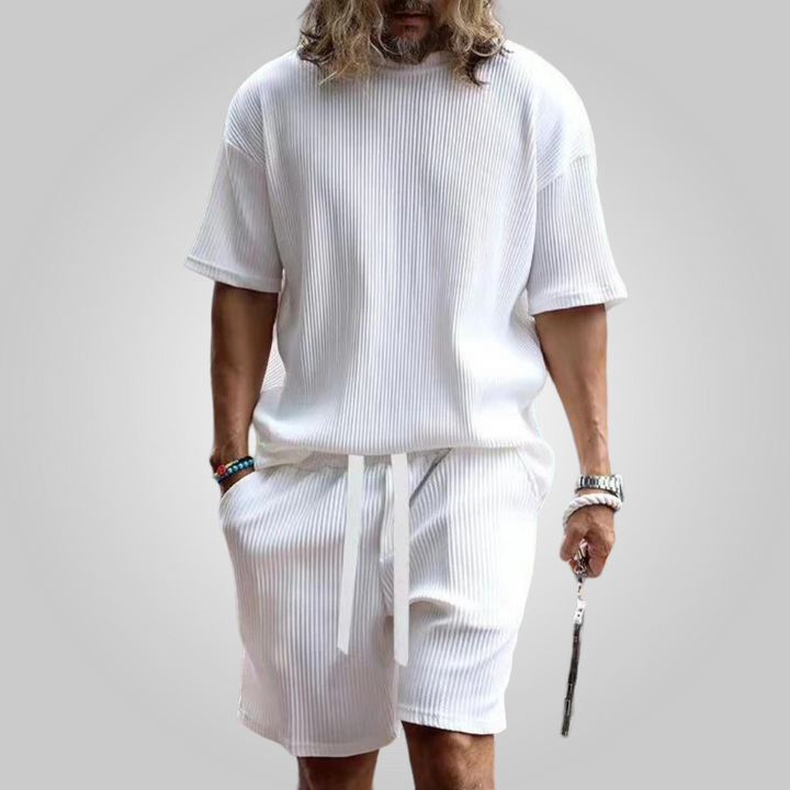 Men's casual ribbed shirt and shorts set with lightweight breathable fabric, versatile style, and relaxed fit, perfect for summer days.






