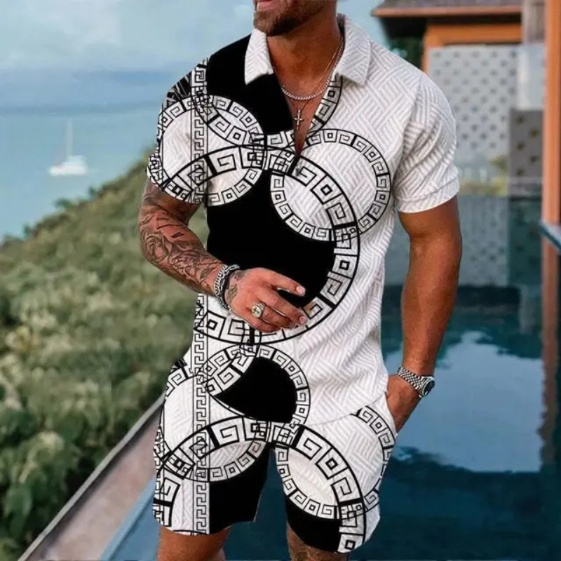 Men's casual shirt and shorts set with lightweight fabric and a modern design, ideal for summer days.






