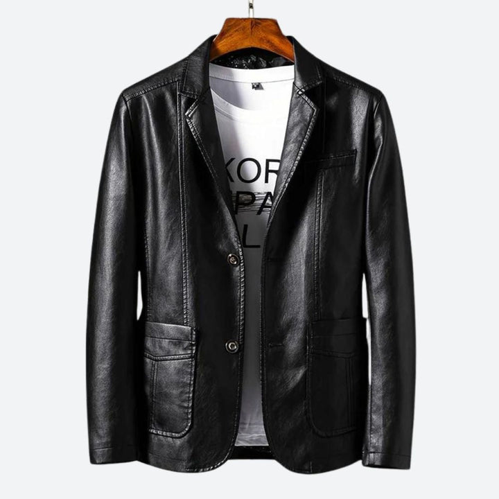 Men's classic leather jacket with a tailored fit and warm lining, ideal for autumn days.







