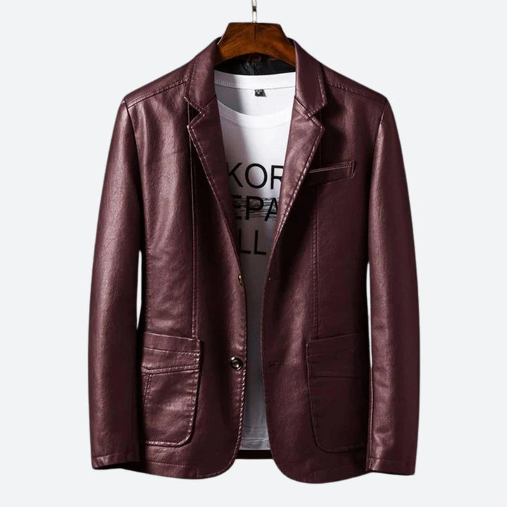 Men's classic leather jacket with a tailored fit and warm lining, ideal for autumn days.







