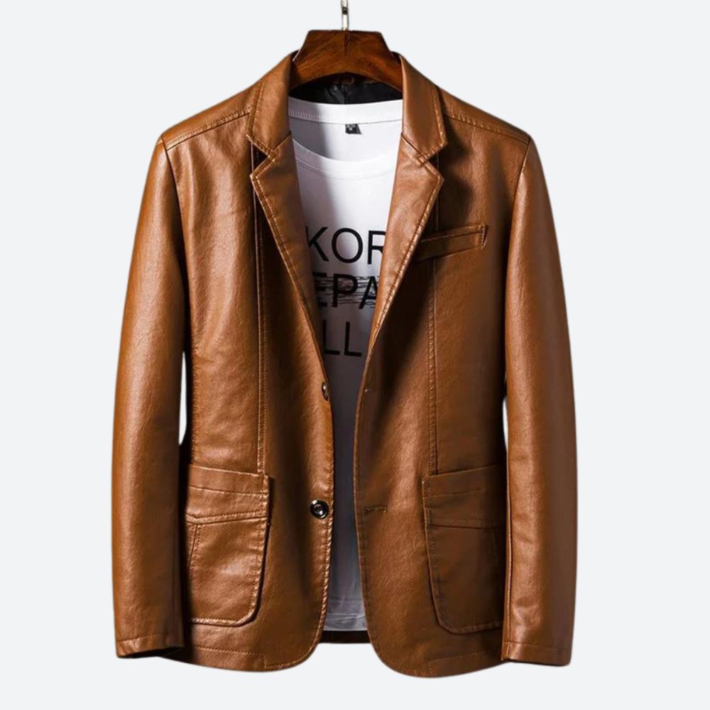 Men's classic leather jacket with a tailored fit and warm lining, ideal for autumn days.







