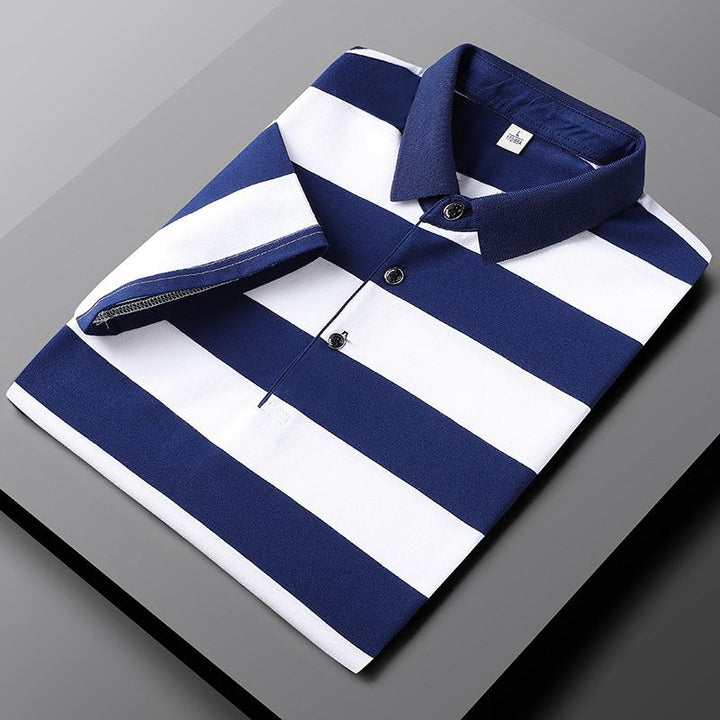 Men's classic striped polo shirt with a timeless design and breathable fabric, ideal for warm summer days and versatile wear.






