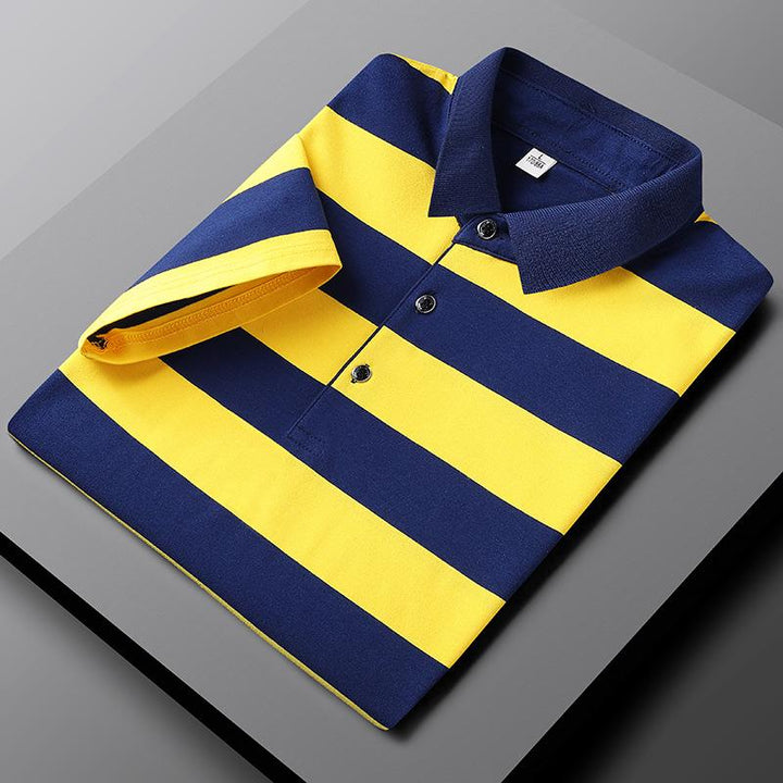 Men's classic striped polo shirt with a timeless design and breathable fabric, ideal for warm summer days and versatile wear.






