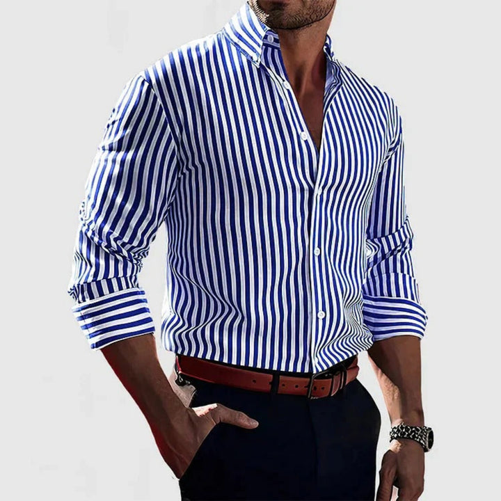 Men's classic striped shirt with lightweight breathable fabric, perfect for summer days and versatile occasions.