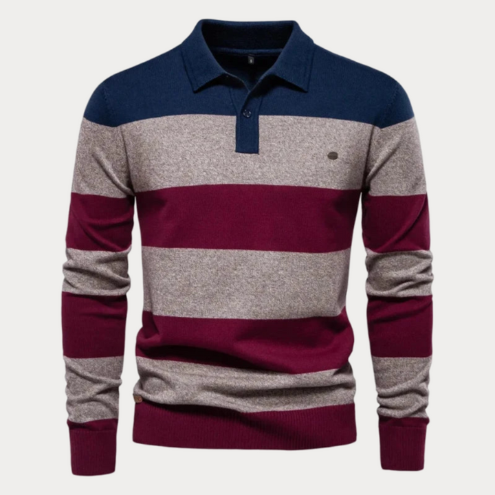 Stylish and warm men's collared sweater, perfect for layering and staying comfortable on autumn days.