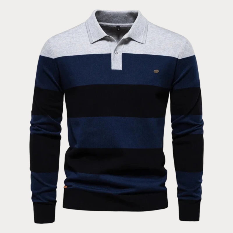 Stylish and warm men's collared sweater, perfect for layering and staying comfortable on autumn days.