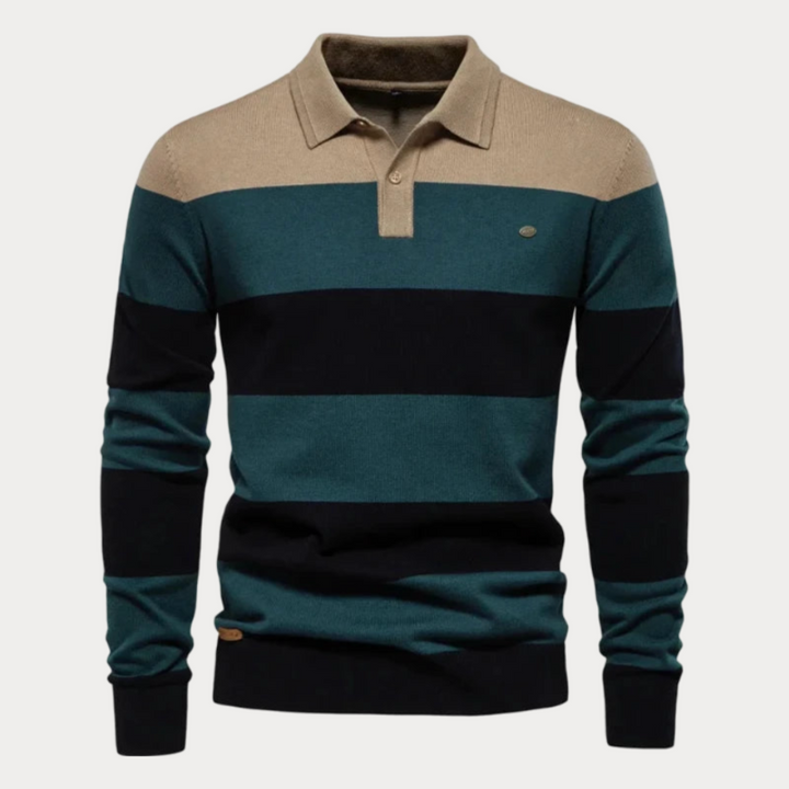 Stylish and warm men's collared sweater, perfect for layering and staying comfortable on autumn days.