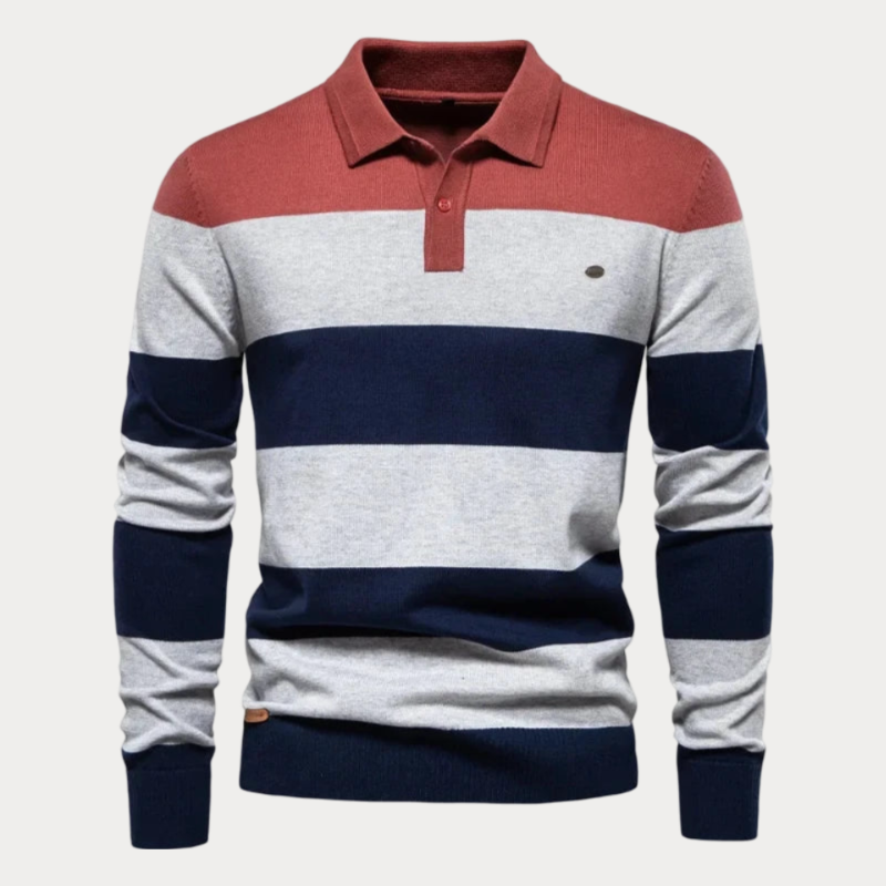 Stylish and warm men's collared sweater, perfect for layering and staying comfortable on autumn days.