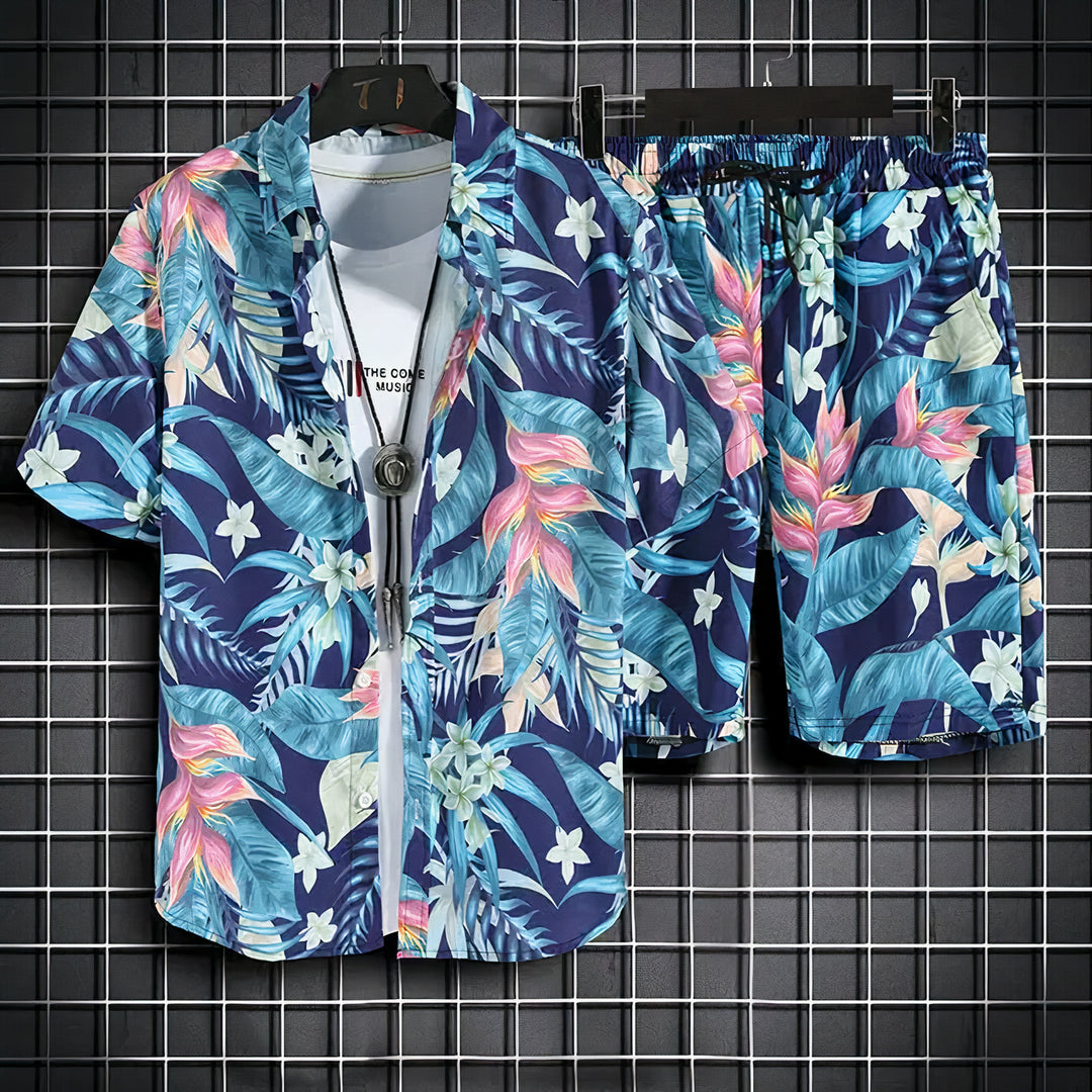 Men's Hawaiian Summer Set featuring tropical print and breathable fabric, perfect for casual summer outings and beach days.