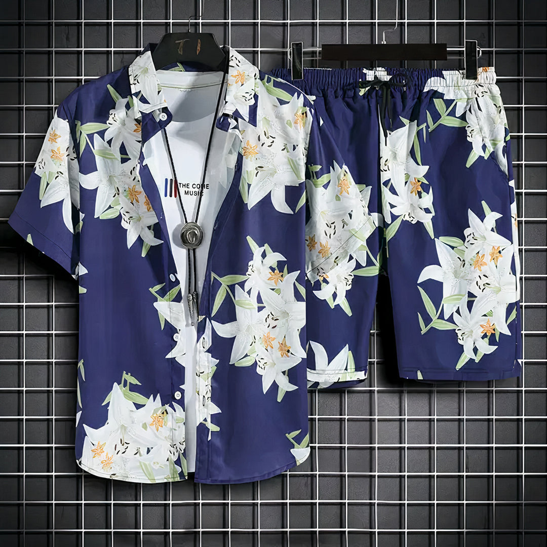 Men's Hawaiian Summer Set featuring tropical print and breathable fabric, perfect for casual summer outings and beach days.