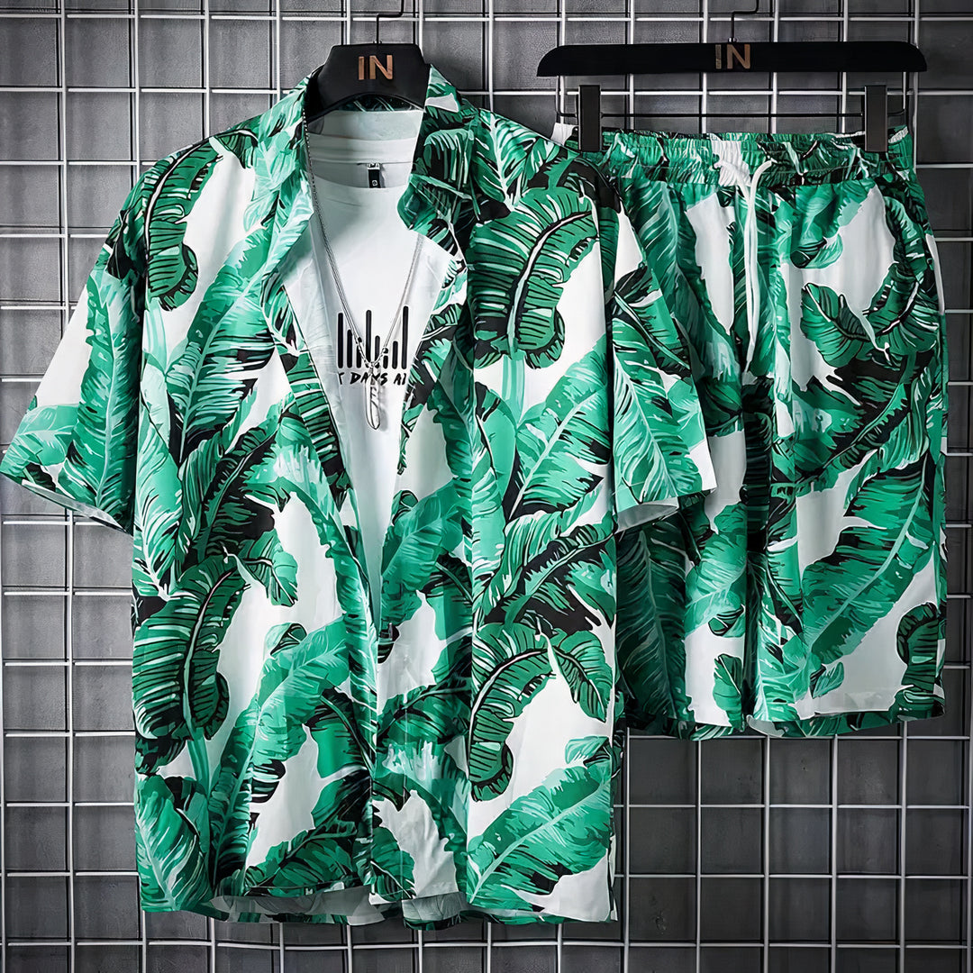 Men's Hawaiian Summer Set featuring tropical print and breathable fabric, perfect for casual summer outings and beach days.