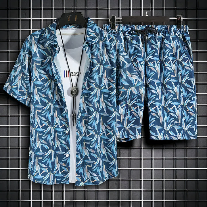 Men's Hawaiian Summer Set featuring tropical print and breathable fabric, perfect for casual summer outings and beach days.