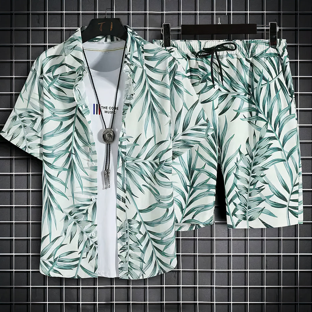 Men's Hawaiian Summer Set featuring tropical print and breathable fabric, perfect for casual summer outings and beach days.