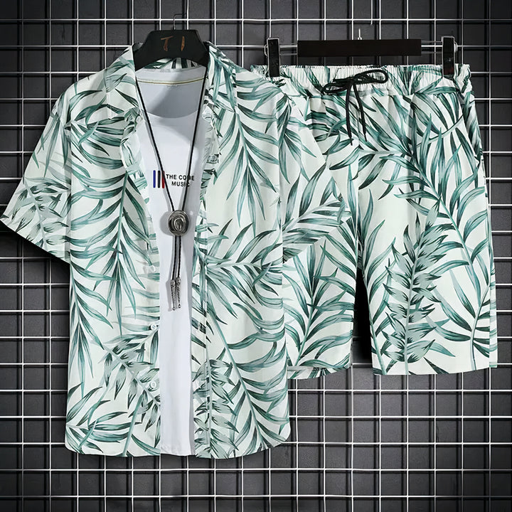 Men's Hawaiian Summer Set featuring tropical print and breathable fabric, perfect for casual summer outings and beach days.