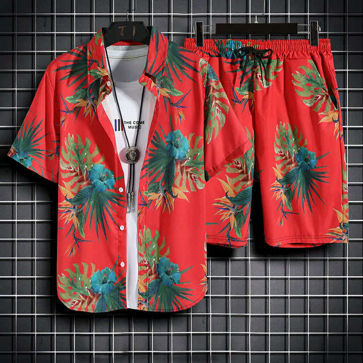 Men's Hawaiian Summer Set featuring tropical print and breathable fabric, perfect for casual summer outings and beach days.