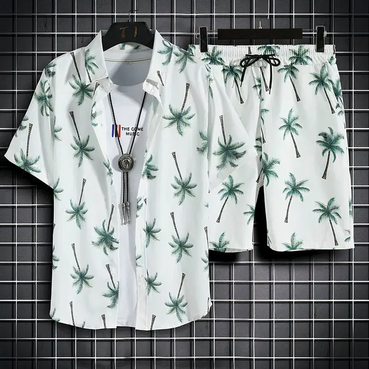 Men's Hawaiian Summer Set featuring tropical print and breathable fabric, perfect for casual summer outings and beach days.