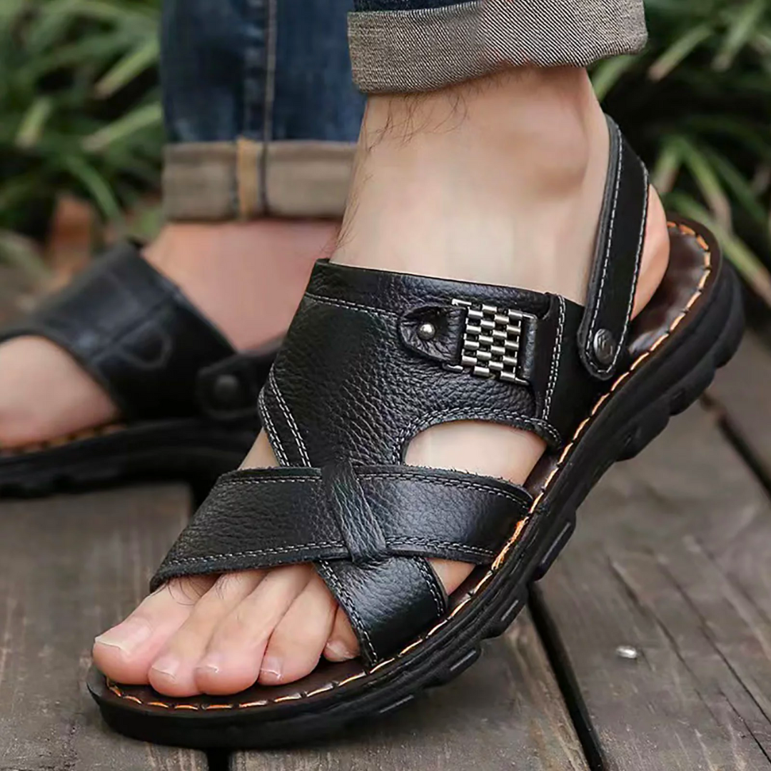 Men’s premium leather sandals with cushioned sole and breathable design for summer comfort.