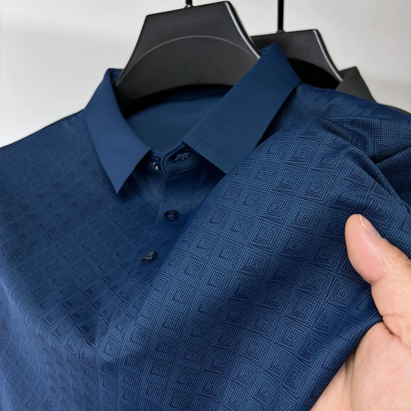 Men's Premium Silk Polo Shirt, offering luxurious comfort, breathability, and timeless style for any occasion.