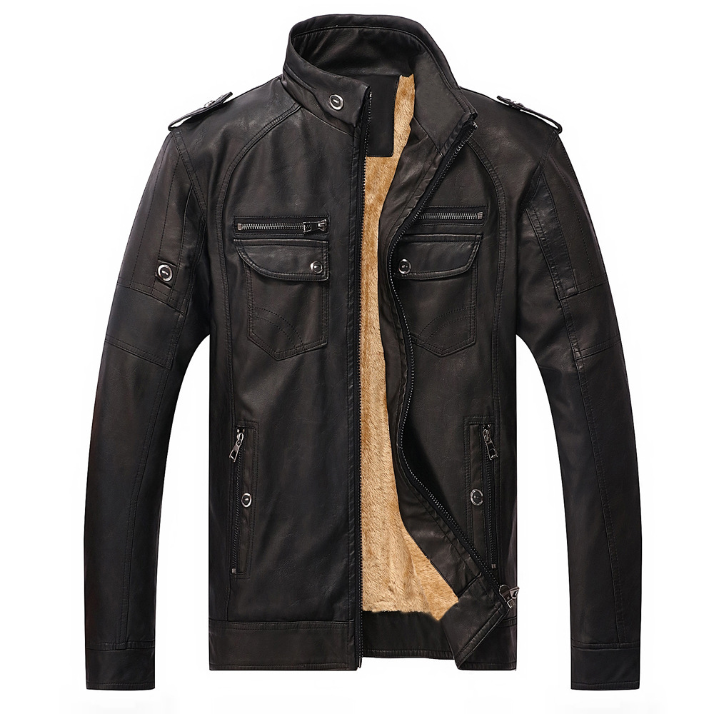 Men's fleece leather jacket with a modern fit and premium design, ideal for staying warm and stylish on autumn days.