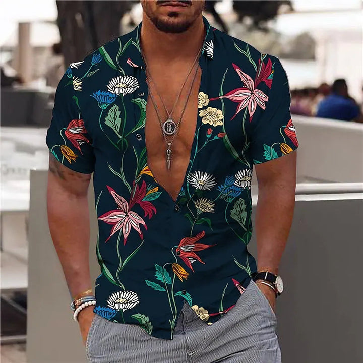 Men's stylish floral summer shirt with lightweight breathable fabric, bold floral patterns, relaxed fit, and versatile design, ideal for summer days and casual occasions.






