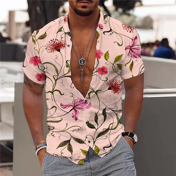 Men's stylish floral summer shirt with lightweight breathable fabric, bold floral patterns, relaxed fit, and versatile design, ideal for summer days and casual occasions.






