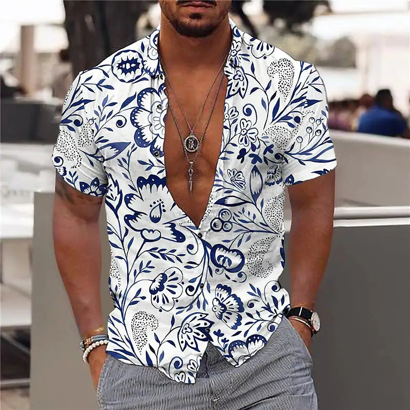 Men's stylish floral summer shirt with lightweight breathable fabric, bold floral patterns, relaxed fit, and versatile design, ideal for summer days and casual occasions.






