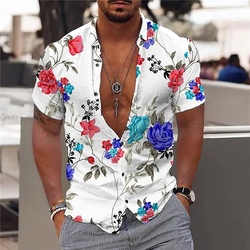 Men's stylish floral summer shirt with lightweight breathable fabric, bold floral patterns, relaxed fit, and versatile design, ideal for summer days and casual occasions.






