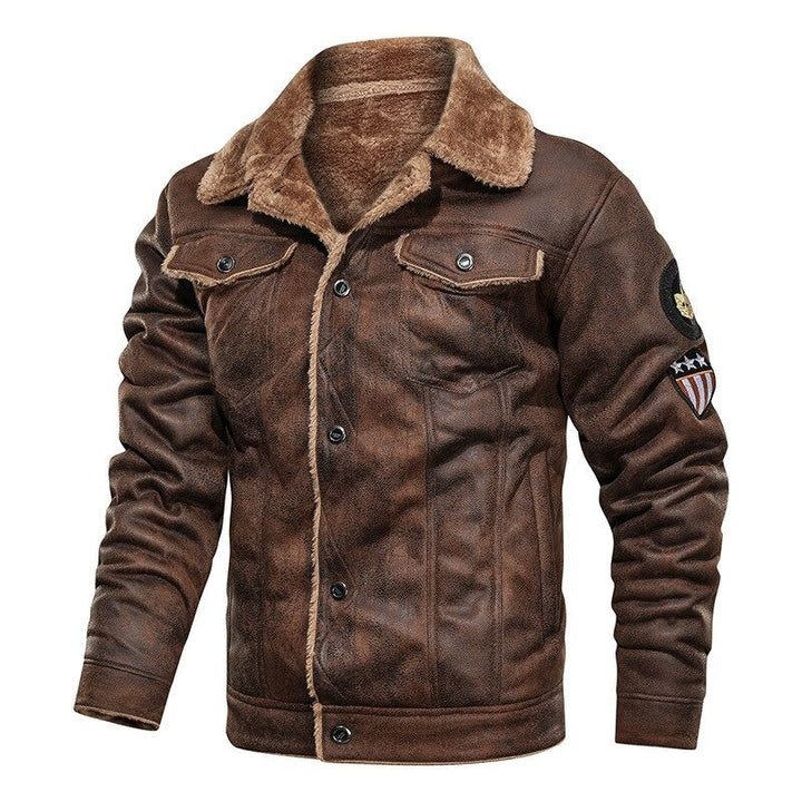 Men’s warm suede biker jacket with a rugged design, ideal for autumn days.







