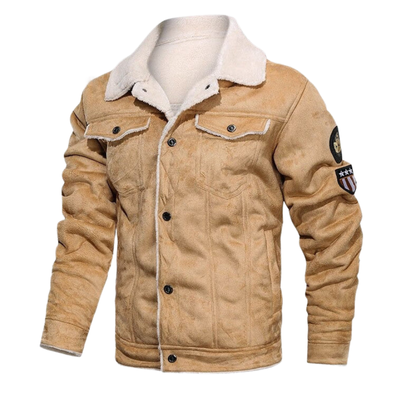 Men’s warm suede biker jacket with a rugged design, ideal for autumn days.







