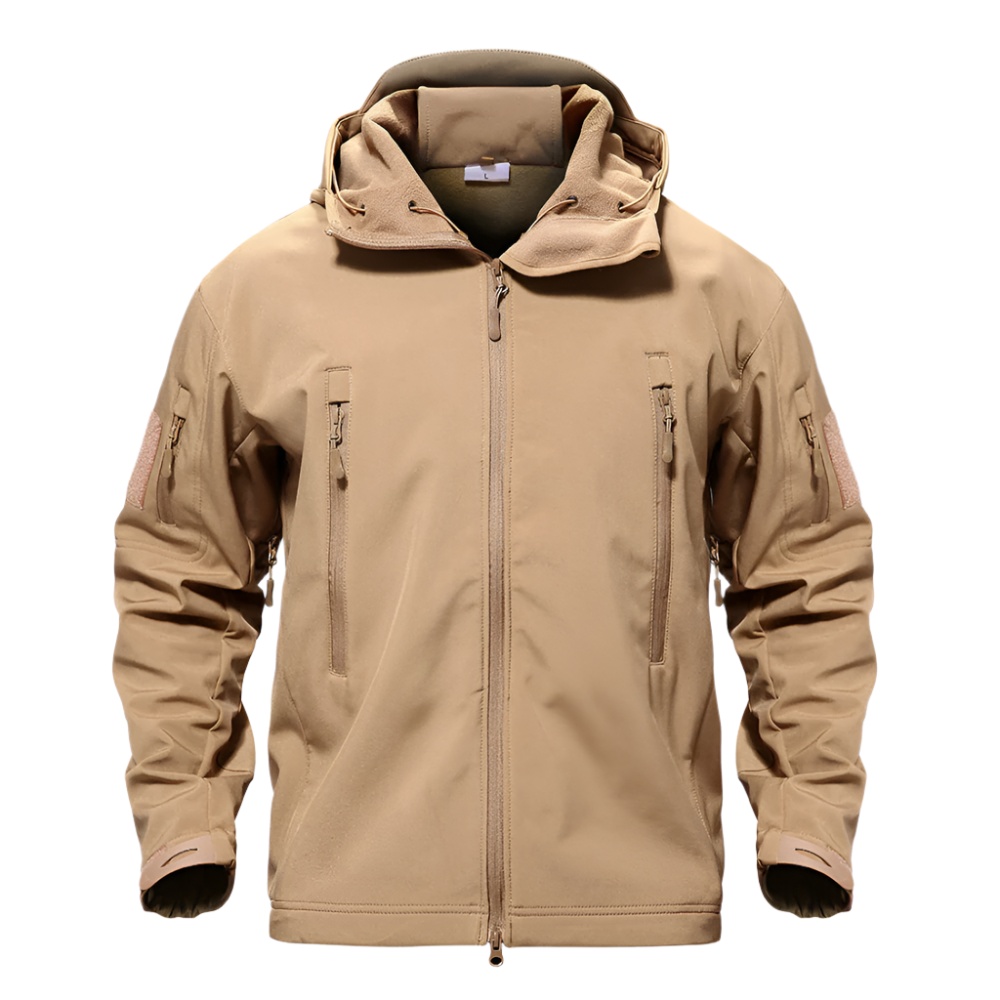 Men’s waterproof military jacket, rugged and weatherproof, perfect for cool and rainy autumn days.