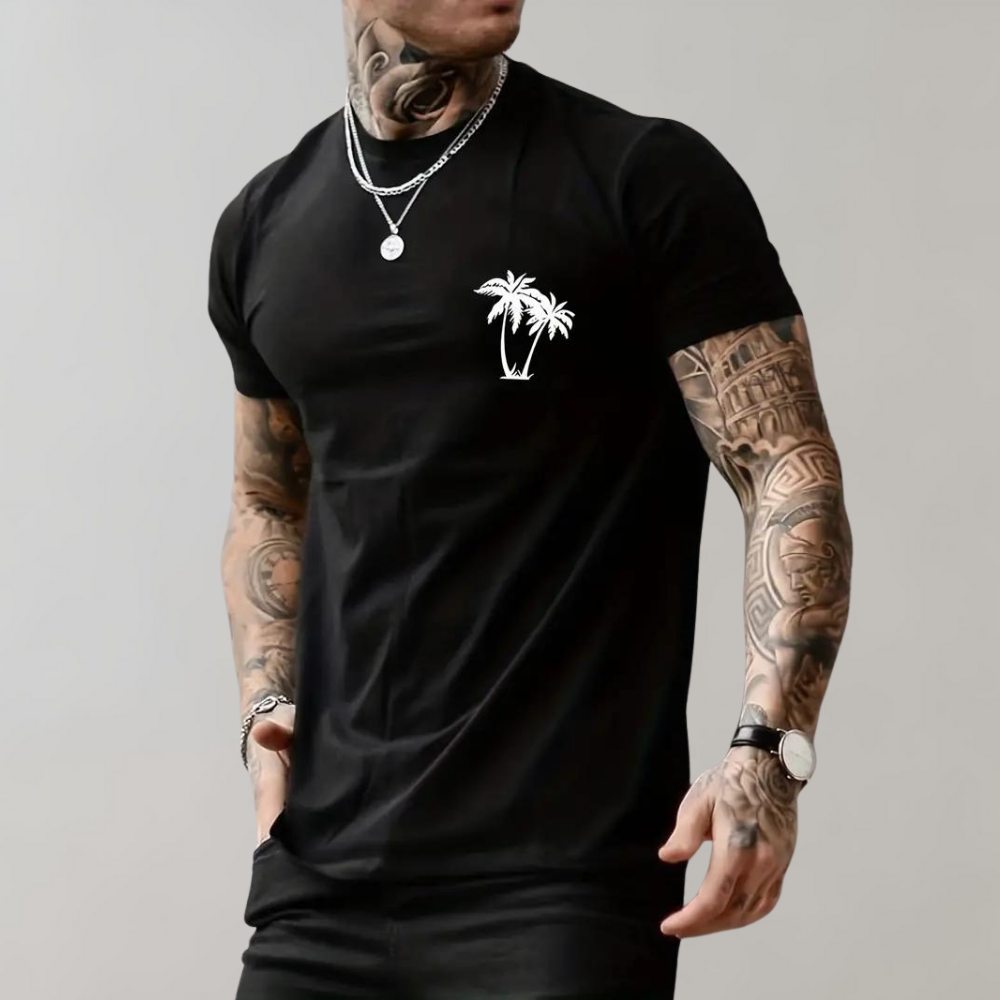  Men's palm tree summer T-shirt with breathable fabric and a tropical design, perfect for summer days and casual outings.