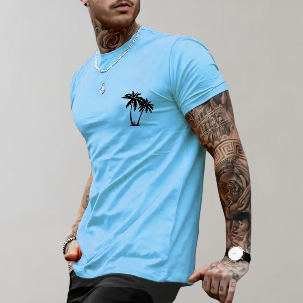  Men's palm tree summer T-shirt with breathable fabric and a tropical design, perfect for summer days and casual outings.