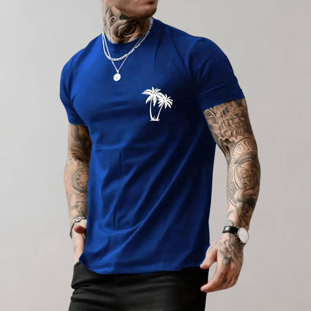  Men's palm tree summer T-shirt with breathable fabric and a tropical design, perfect for summer days and casual outings.