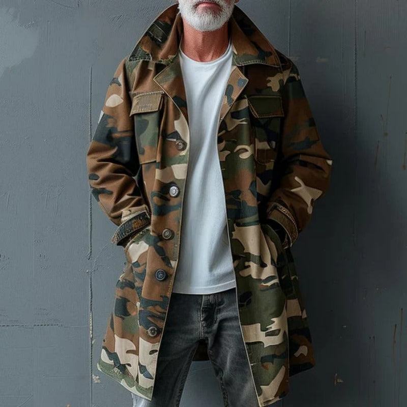 Premium camouflage cargo trench coat for autumn, featuring a durable, windproof, and stylish design with multiple pockets.