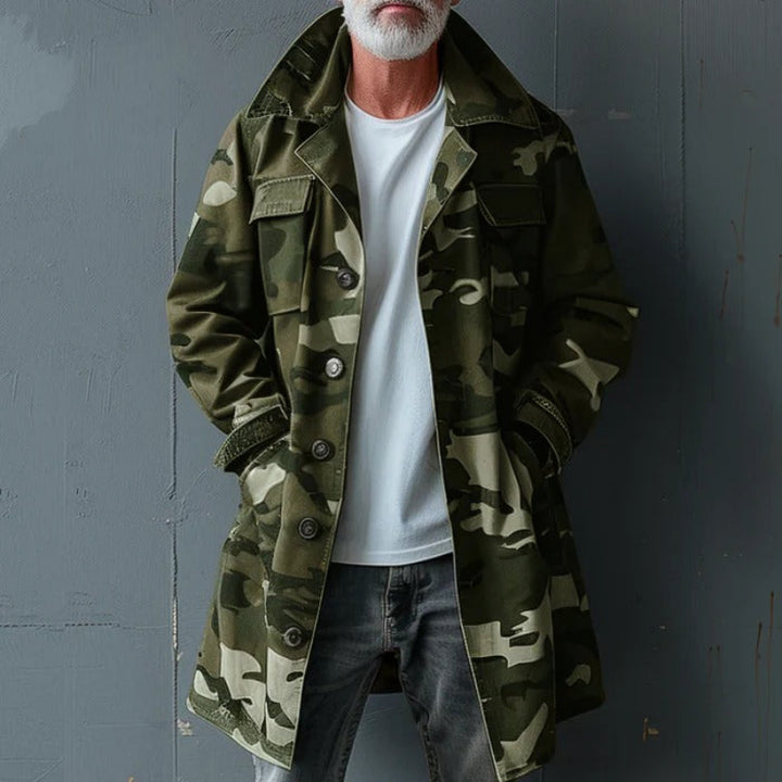 Premium camouflage cargo trench coat for autumn, featuring a durable, windproof, and stylish design with multiple pockets.